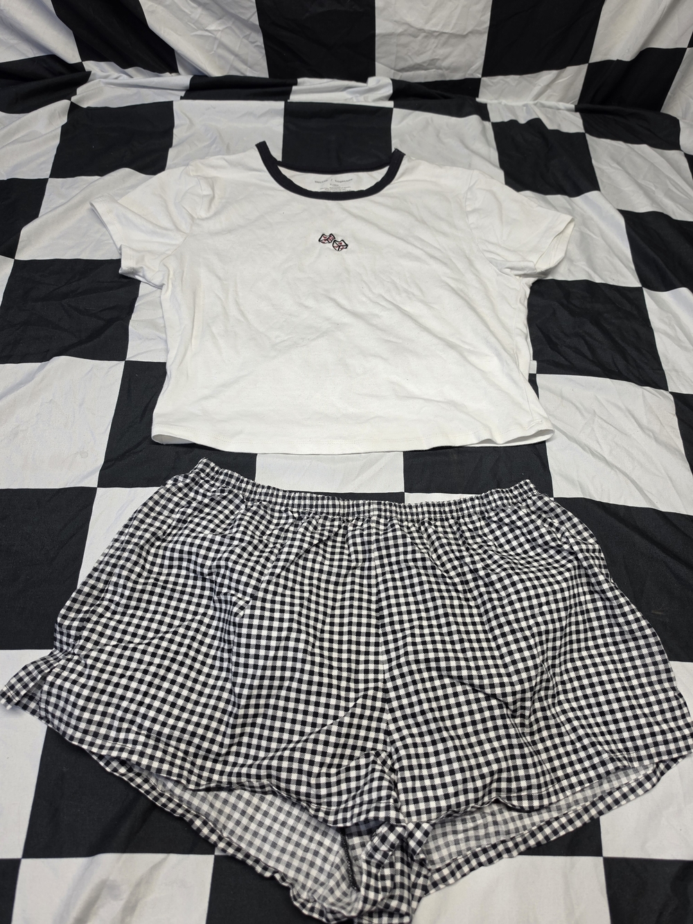 White Ringer Tee and Black Gingham Shorts Set